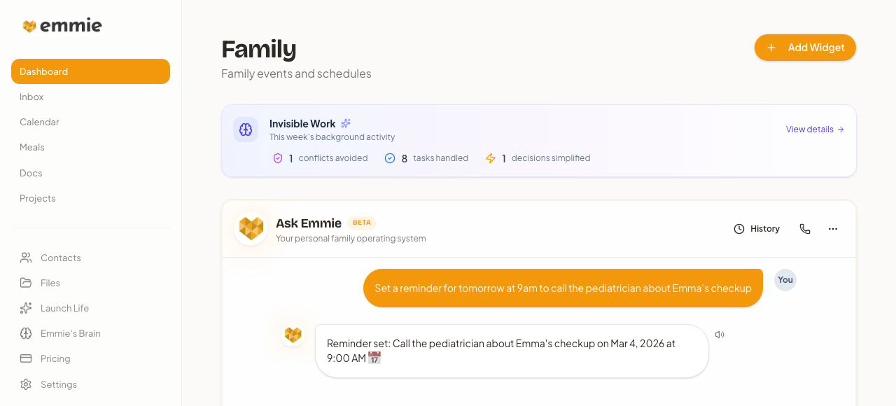 Emmie Family Operating System — calendar, inbox, meals, and more in one place